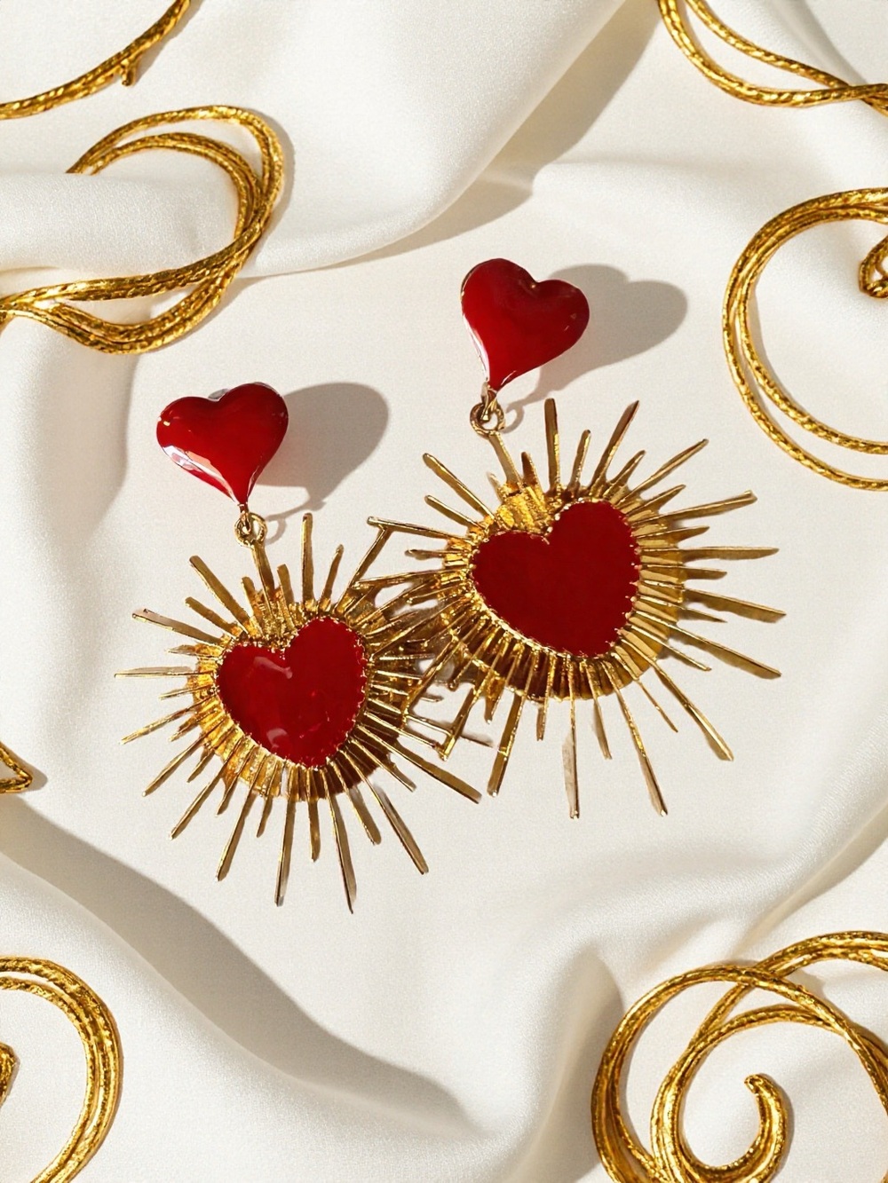 Gold and Red Heart Drop Earrings - Radiant Sunburst Design